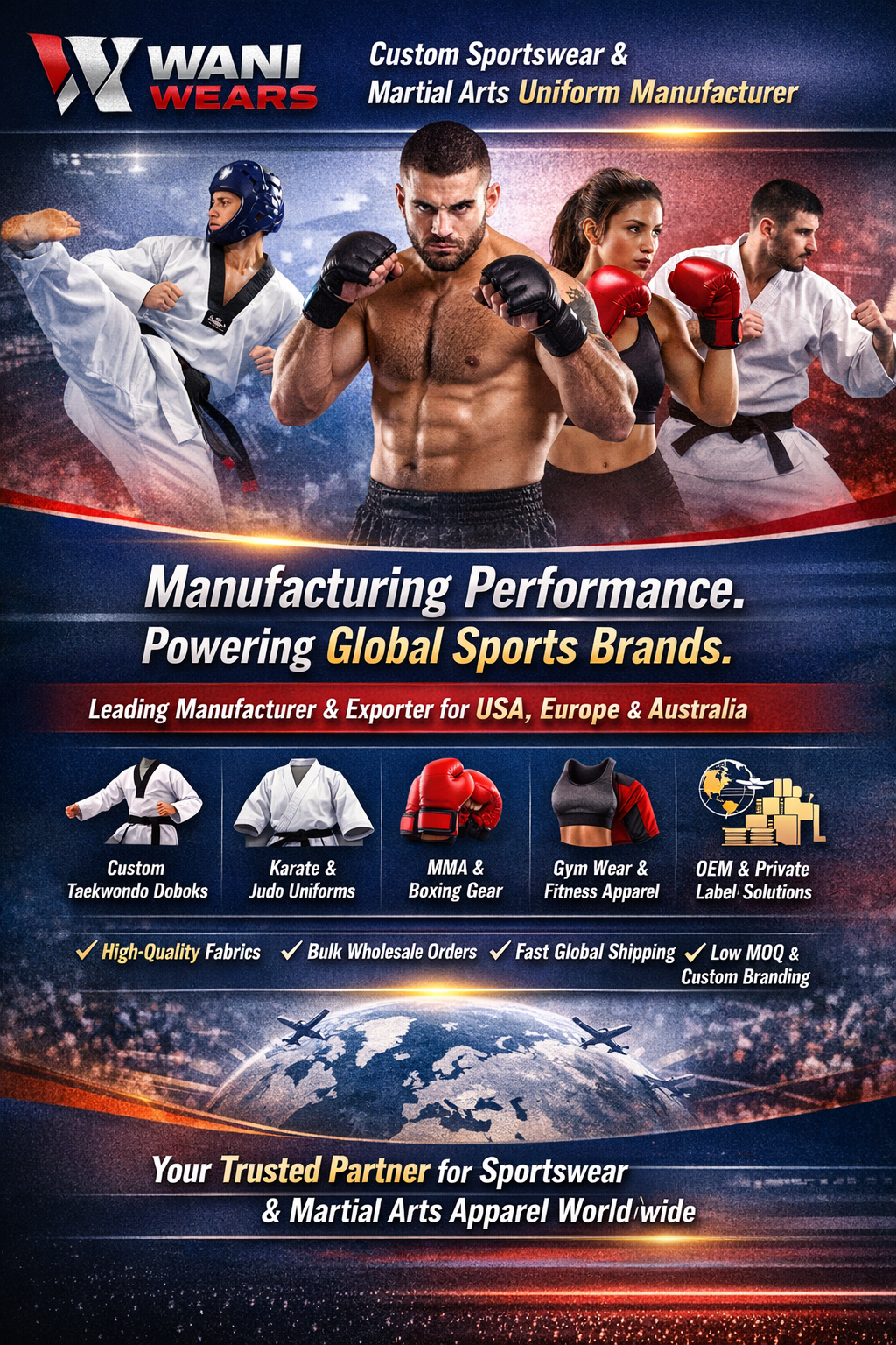 custom martial arts uniforms manufacturer WANI WEARS taekwondo karate judo MMA boxing gym wear supplier wholesale USA Europe Australia