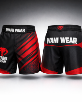 Home Black and red WANI WEAR MMA shorts with custom logo, sublimation print, athletic fight shorts for training and competition