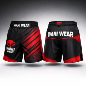 Black and red WANI WEAR MMA shorts with custom logo, sublimation print, athletic fight shorts for training and competition