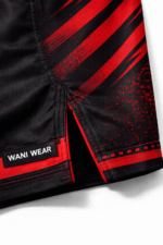 Black and red WANI WEAR MMA shorts with custom logo, sublimation print, athletic fight shorts for training and competition