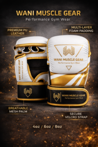 Custom sparring boxing gloves white gold black WANI Muscle Gear premium leather training gloves with wrist support and multi-layer foam padding