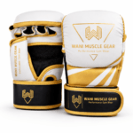 Custom sparring boxing gloves white gold black WANI Muscle Gear premium leather training gloves with wrist support and multi-layer foam padding