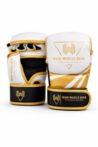 Custom sparring boxing gloves white gold black WANI Muscle Gear premium leather training gloves with wrist support and multi-layer foam padding