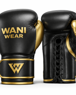WANIWEAR premium black and gold boxing gloves product details banner featuring professional training gloves with lace-up closure, multi-layer padding, wrist support, and durable leather finish.