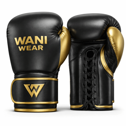 WANIWEAR premium black and gold boxing gloves product details banner featuring professional training gloves with lace-up closure, multi-layer padding, wrist support, and durable leather finish.