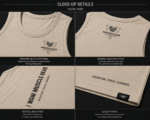 Wani Muscle Gear men's sand performance gym tank top flat lay — front and back view on black background, wholesale activewear