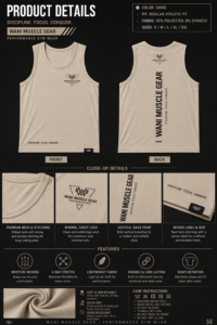Close-up details of Wani Muscle Gear sand tank top — ribbed neck stitching, chest logo, vertical back print, and woven hem label
