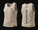 Wani Muscle Gear men's sand performance tank top showing front logo and vertical back print — wholesale gym wear