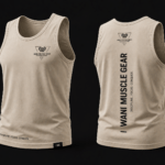Wani Muscle Gear men's sand performance tank top showing front logo and vertical back print — wholesale gym wear