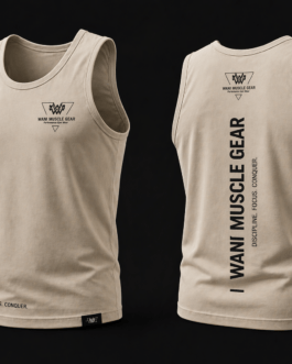 Wani Muscle Gear men's sand performance tank top showing front logo and vertical back print — wholesale gym wear