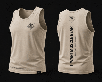 Wani Muscle Gear men's sand performance tank top showing front logo and vertical back print — wholesale gym wear