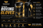 WANIWEAR premium black and gold boxing gloves product details banner featuring professional training gloves with lace-up closure, multi-layer padding, wrist support, and durable leather finish.