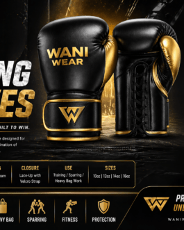 WANIWEAR premium black and gold boxing gloves product details banner featuring professional training gloves with lace-up closure, multi-layer padding, wrist support, and durable leather finish.
