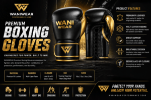 WANIWEAR premium black and gold boxing gloves product details banner featuring professional training gloves with lace-up closure, multi-layer padding, wrist support, and durable leather finish.