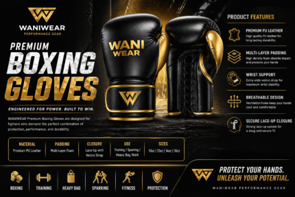 WANIWEAR premium black and gold boxing gloves product details banner featuring professional training gloves with lace-up closure, multi-layer padding, wrist support, and durable leather finish.