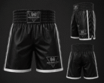 Custom private label boxing shorts with white piping and Wani Muscle Gear branding, multi-angle view.