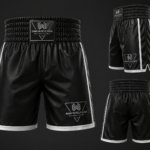 Custom private label boxing shorts with white piping and Wani Muscle Gear branding, multi-angle view.