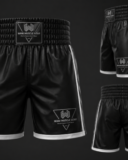 Custom private label boxing shorts with white piping and Wani Muscle Gear branding, multi-angle view.