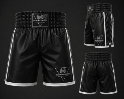 Custom private label boxing shorts with white piping and Wani Muscle Gear branding, multi-angle view.