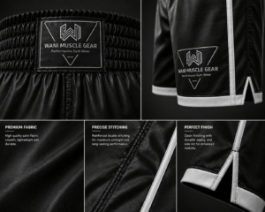 Detailed features of Wani Muscle Gear boxing shorts including premium fabric, precise stitching, and perfect finish.