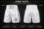 Iconic white boxing shorts front and back view performance fit moisture wicking 4 way stretch fight shorts