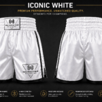 Iconic white boxing shorts front and back view performance fit moisture wicking 4 way stretch fight shorts