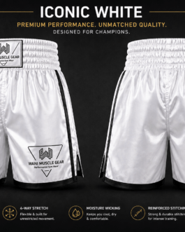 Iconic white boxing shorts front and back view performance fit moisture wicking 4 way stretch fight shorts