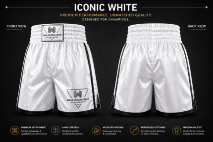 Iconic white boxing shorts front and back view performance fit moisture wicking 4 way stretch fight shorts