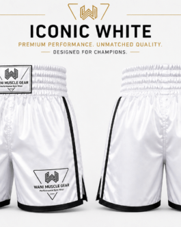 Custom white boxing shorts premium satin fabric athletic fit Wani Muscle Gear OEM boxing shorts manufacturer