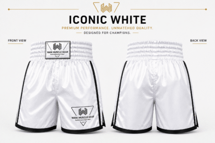 Custom white boxing shorts premium satin fabric athletic fit Wani Muscle Gear OEM boxing shorts manufacturer