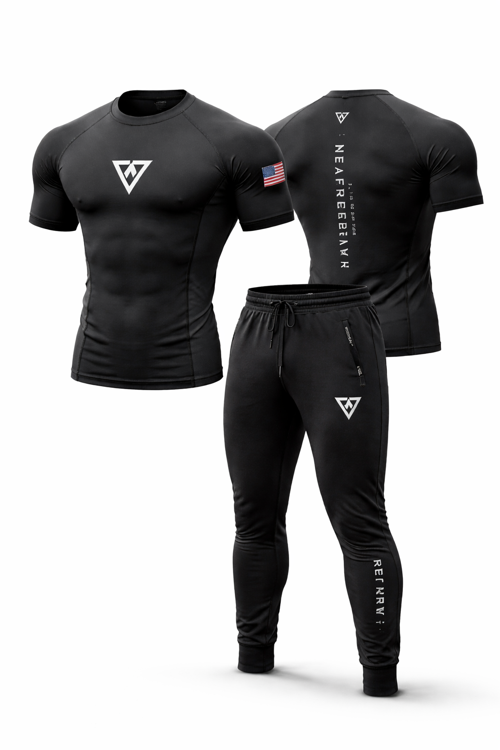 Home Black men’s gym tracksuit with compression t-shirt and jogger pants featuring WANI WEAR logo, front and back view.