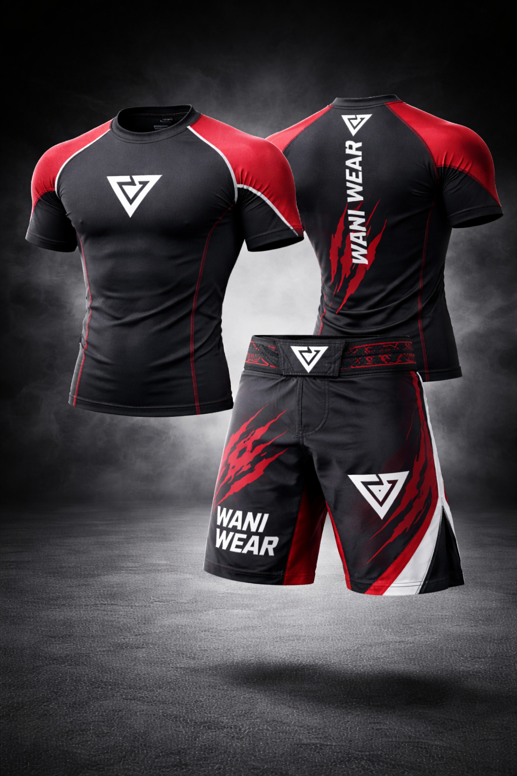 Home Black and red MMA rash guard and fight shorts set with WANI WEAR logo, front and back view performance gym apparel.