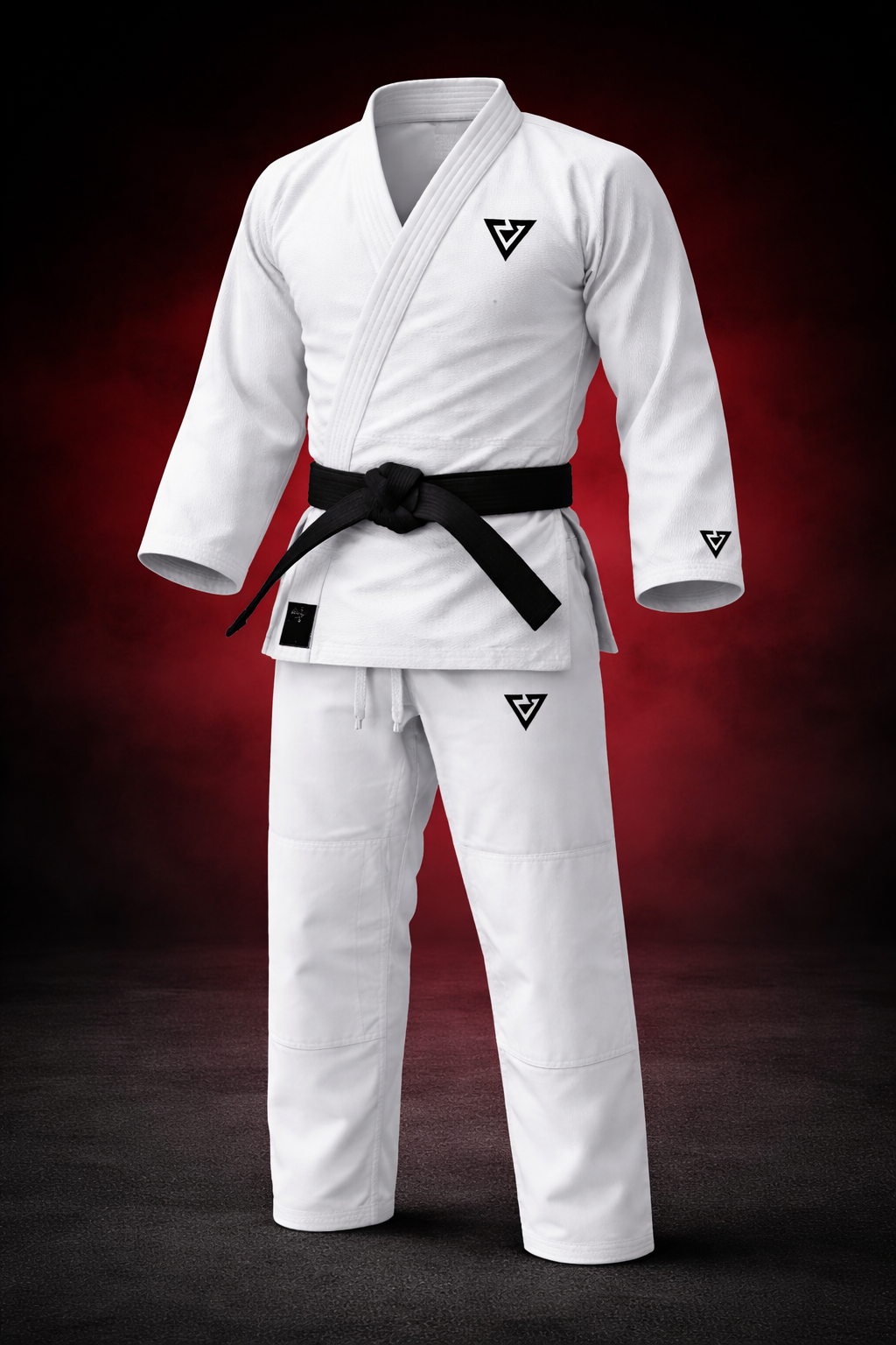 Home White karate gi uniform with black belt featuring WANI WEAR logo, professional martial arts training suit.