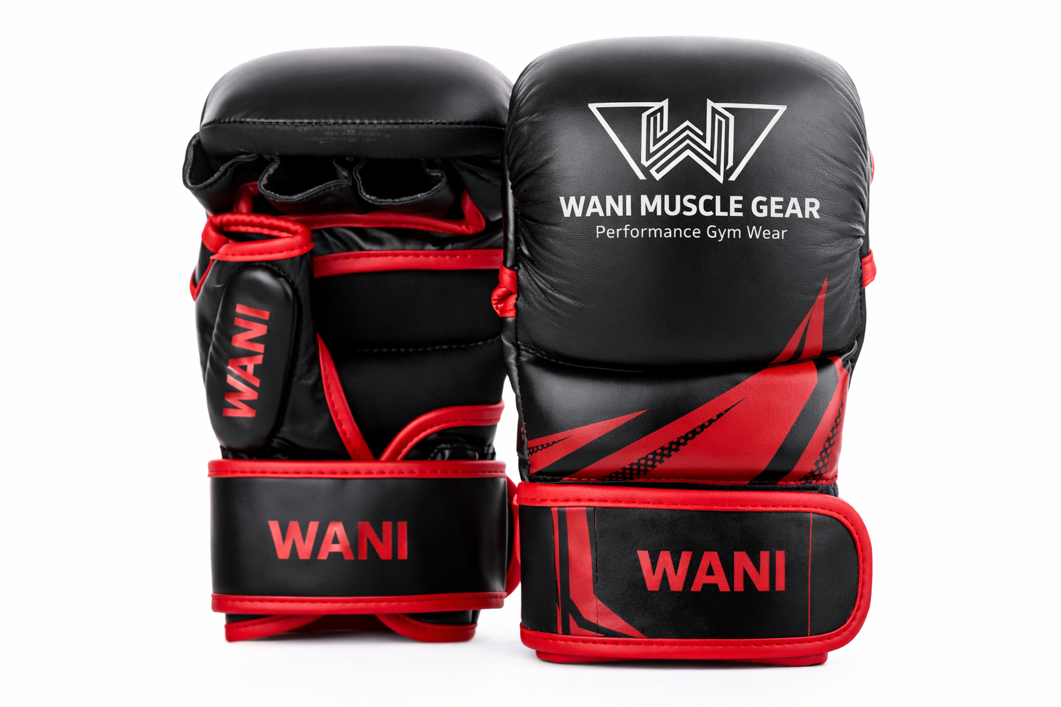 Home Black and red boxing gloves with WANI Muscle Gear logo, front and back view professional training gloves.