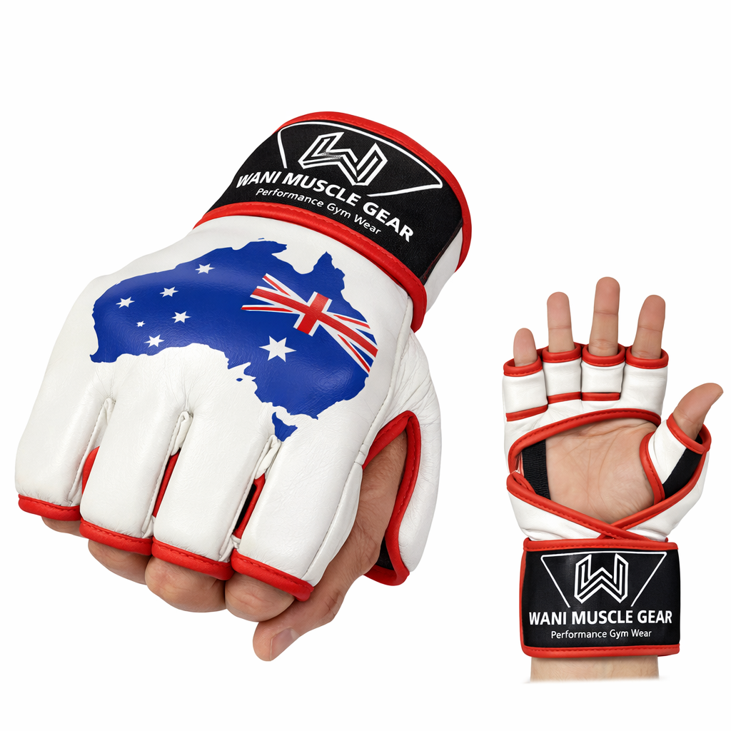 Home Silver MMA training gloves with open-finger design featuring WANI Muscle Gear logo, shown on hands against a clean white background.