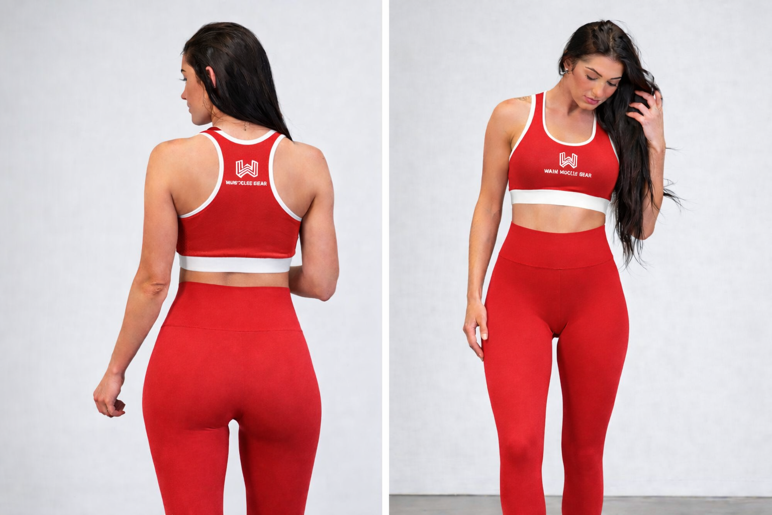 Home Red women’s gym workout set with sports bra and high-waisted leggings featuring WANI WEAR logo, front and back view.