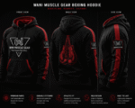 Detailed product feature sheet for the Wani Muscle Gear Boxing Club hoodie.