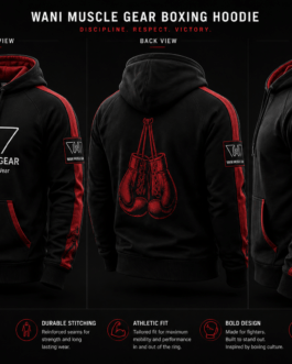 Detailed product feature sheet for the Wani Muscle Gear Boxing Club hoodie.
