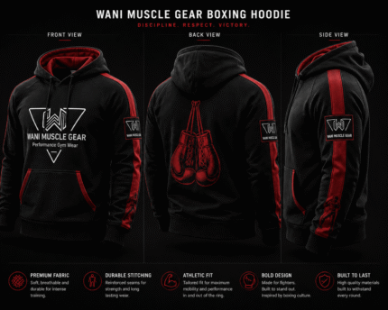 Detailed product feature sheet for the Wani Muscle Gear Boxing Club hoodie.