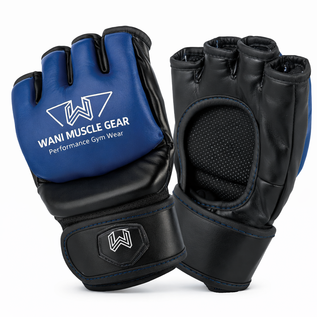 Home Blue and black MMA training gloves with open-finger design featuring WANI Muscle Gear logo, front and palm view.