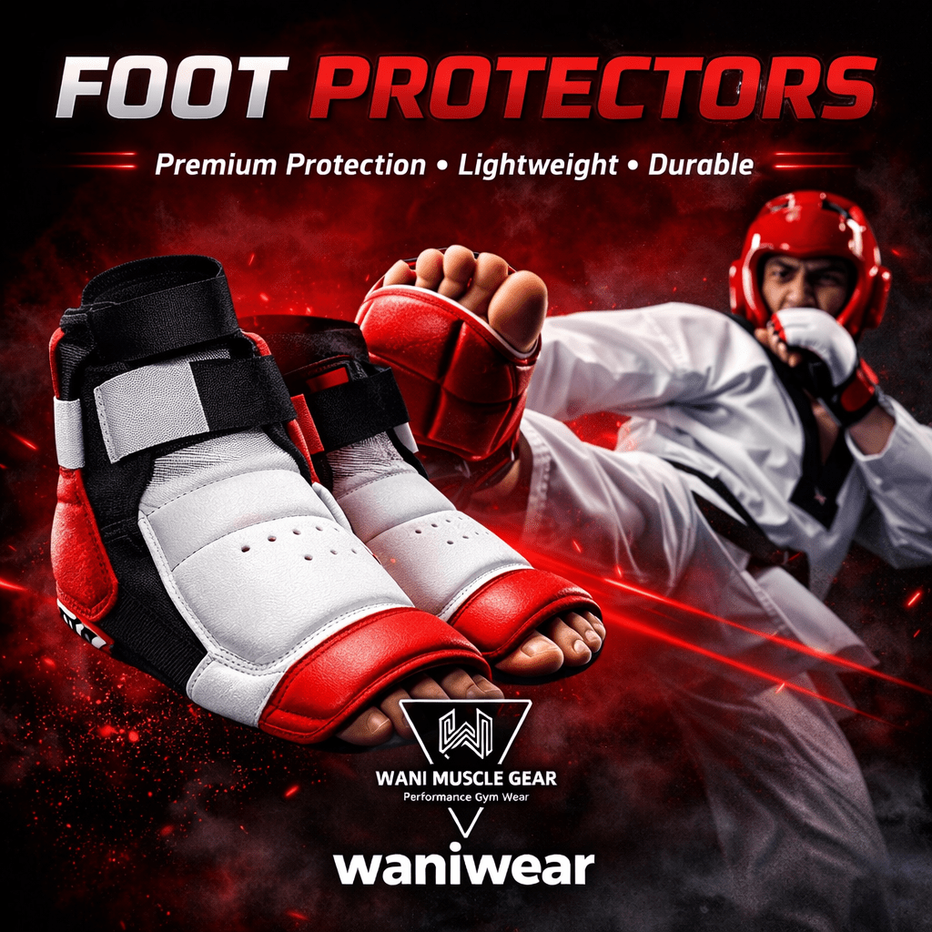 About Us Taekwondo foot protectors in black and red by Wani Wear