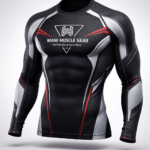 Wani-Muscle-Gear-Black-Red-MMA-Rashguard-Front-View and BJJ-Compression-Shirt-Non-Slip-Waistband-Detail