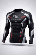 Wani-Muscle-Gear-Black-Red-MMA-Rashguard-Front-View and BJJ-Compression-Shirt-Non-Slip-Waistband-Detail