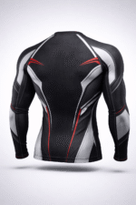 Wani-Muscle-Gear-Black-Red-MMA-Rashguard-Front-View and BJJ-Compression-Shirt-Non-Slip-Waistband-Detail
