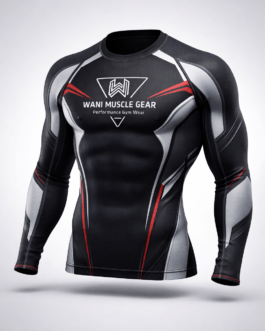 Wani-Muscle-Gear-Black-Red-MMA-Rashguard-Front-View and BJJ-Compression-Shirt-Non-Slip-Waistband-Detail