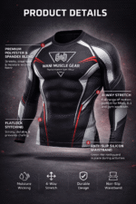 Wani-Muscle-Gear-Black-Red-MMA-Rashguard-Front-View and BJJ-Compression-Shirt-Non-Slip-Waistband-Detail