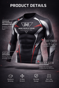 Wani-Muscle-Gear-Black-Red-MMA-Rashguard-Front-View and BJJ-Compression-Shirt-Non-Slip-Waistband-Detail
