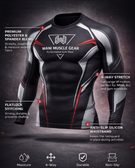 Wani-Muscle-Gear-Black-Red-MMA-Rashguard-Front-View and BJJ-Compression-Shirt-Non-Slip-Waistband-Detail