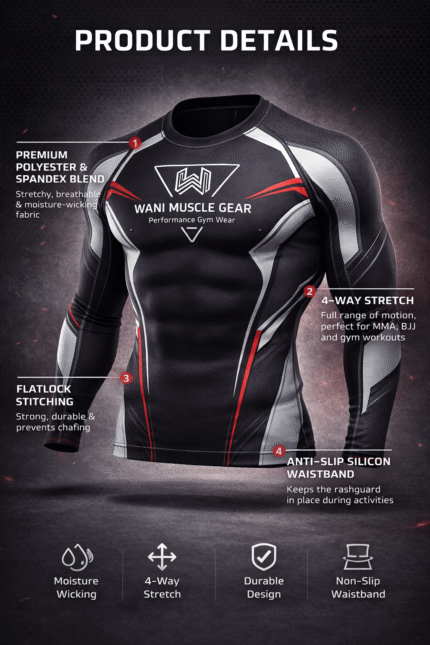 Wani-Muscle-Gear-Black-Red-MMA-Rashguard-Front-View and BJJ-Compression-Shirt-Non-Slip-Waistband-Detail