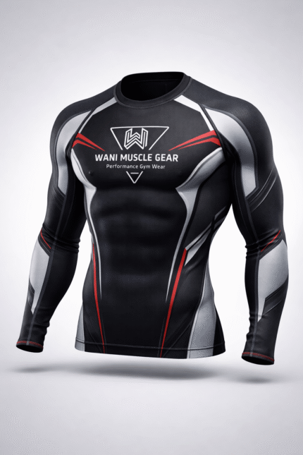 Wani-Muscle-Gear-Black-Red-MMA-Rashguard-Front-View and BJJ-Compression-Shirt-Non-Slip-Waistband-Detail